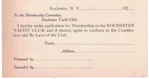 Rochester Yacht Club Membership Application [New York] [1920's]
