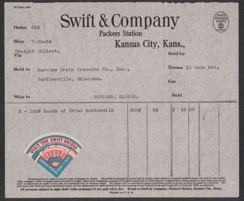 Lot Of 4 - Swift & Company Invoice / Pricing Documents [Kansas City] [Little Rock] [Bartlesville] [Chicago World's Fair]