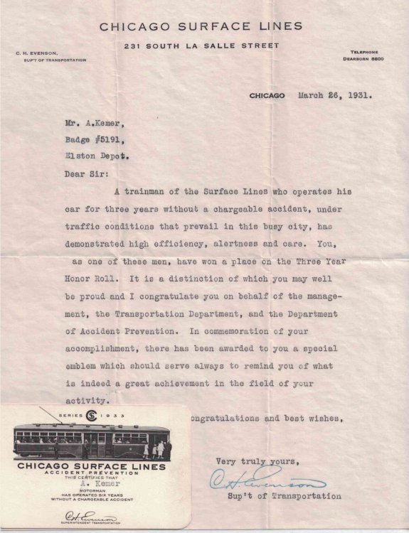 1931 Chicago Surface Lines Letter and Pocket-Card - Acknowledgement of 