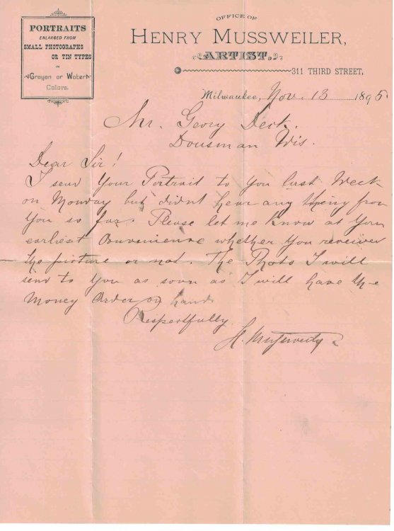 1895 Letter From Milwaukee, Wisconsin Photographer/portrait-artist Henry Mussweiler