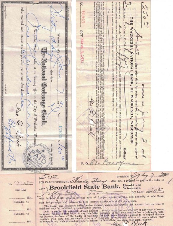 Lot of 1930's Wisconsin Bank Promissory Notes [Waukesha National Bank] [Brookfield State Bank] [The National Exchange Bank]