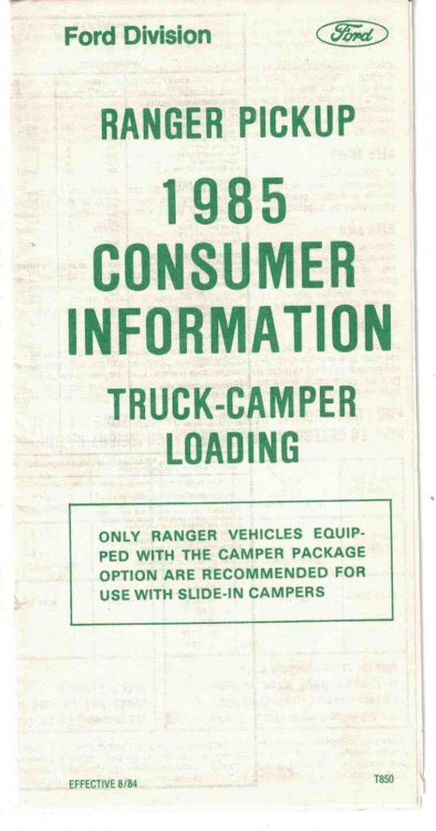 Ford Ranger Pickup 1985 Consumer Information Truck-camper Loading