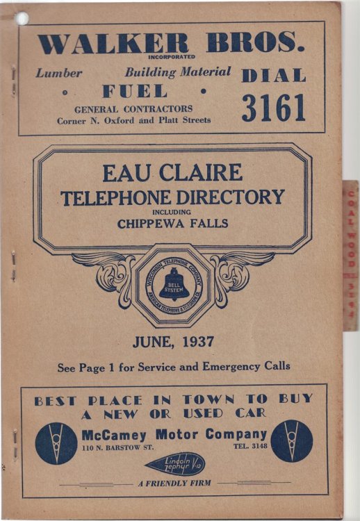 Eau Claire Telephone Directory, Including Chippewa Falls; June, 1937