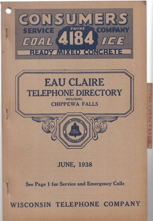 Eau Claire Telephone Directory, Including Chippewa Falls; June, 1938