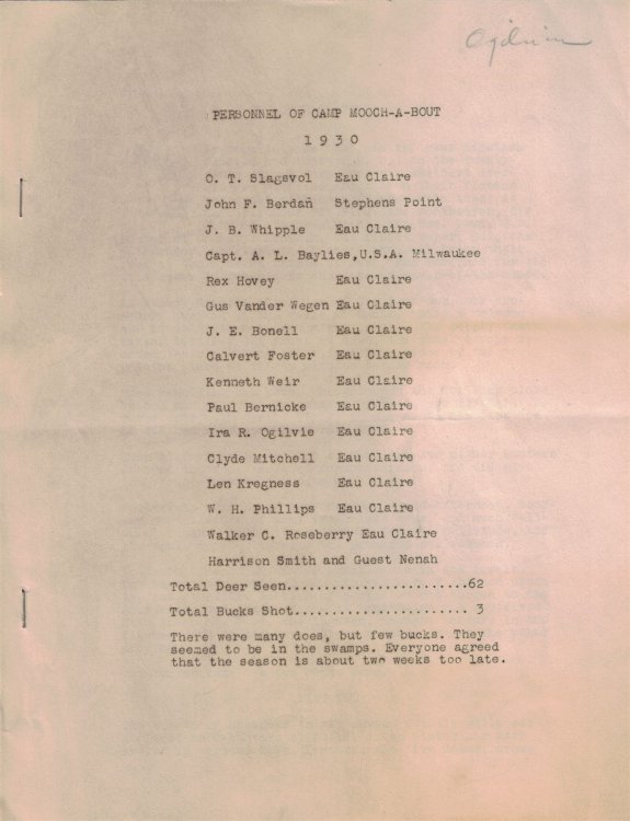 1930 Wisconsin Deer Camp (typed) narrative [Eau Claire] [Cable]