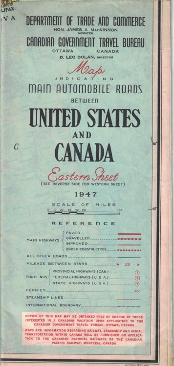 Map Indicating Main Automobile Roads Between United States and Canada, 1947 [Road Map]