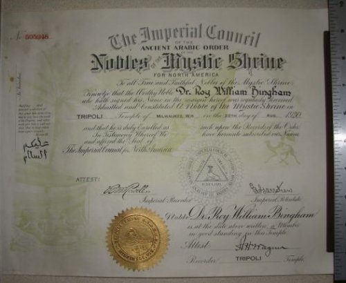 The Imperial Council of the Ancient Arabic Order of the Nobles for the Mystic Shrine for North America [certificate] [1920]