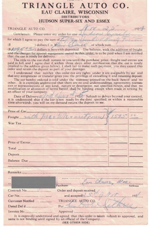 1925 Hudson Sales Receipts [Eau Claire, Wisconsin]