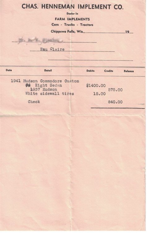 1941 Hudson Commodore Custom Eight Sedan Sales Receipt [Wisconsin]