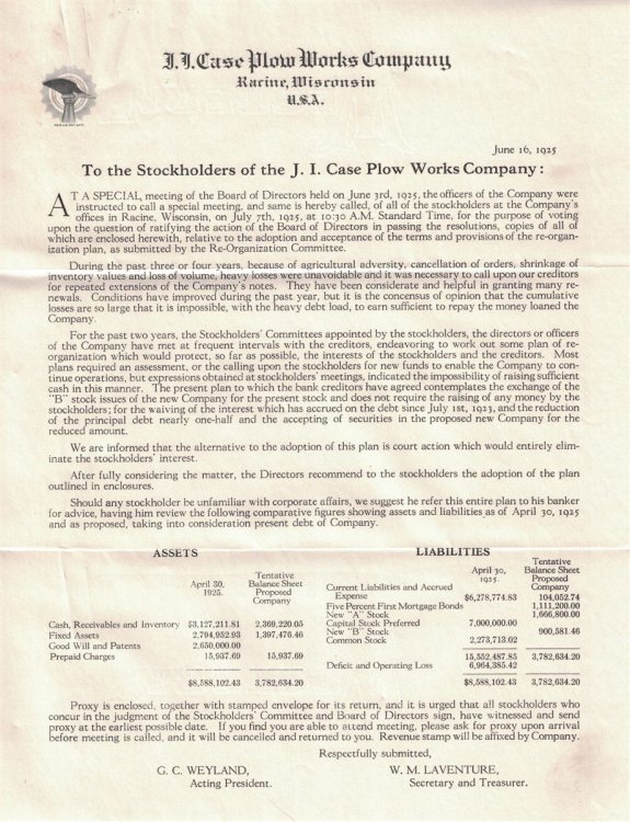 J.I. Case Plow Works Company stockholder letters [lot]