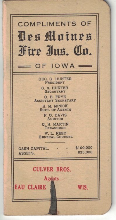 Des Moines Fire Insurance Co. pocket-size notebook [circa 1920's]