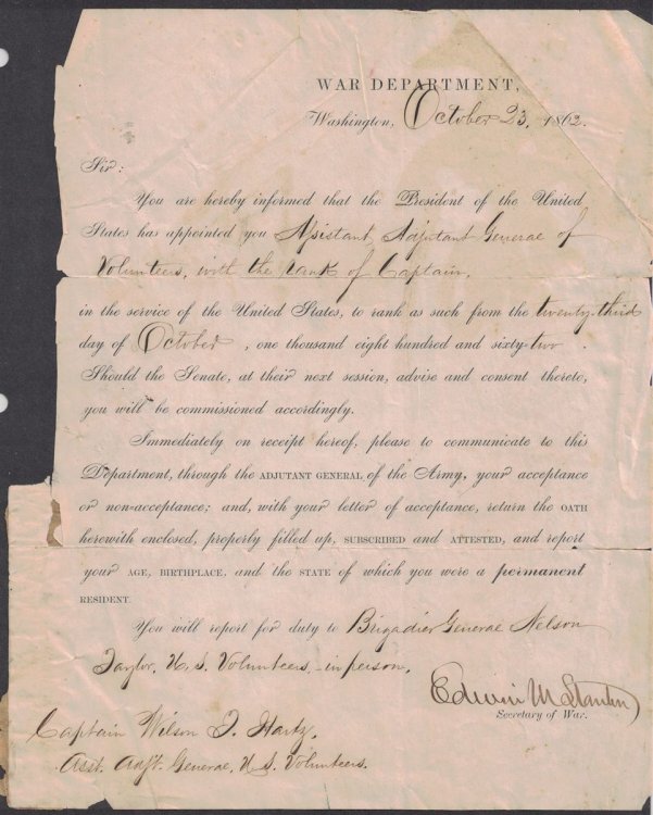 War Department Document, Signed by Edwin Stanton [Civil War]