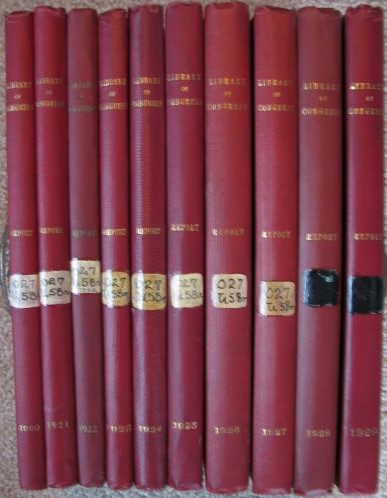 10 volumes of: Report of the Librarian of Congress (Fiscal Year Ending June 30, 1920; 1921; 1922; 1923; 1924; 1925; 1926; 1927; 1928; and 1929)
