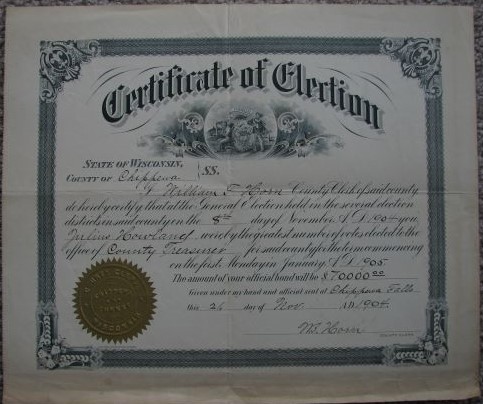 Certificate of Election, 1904 [County Treasurer]