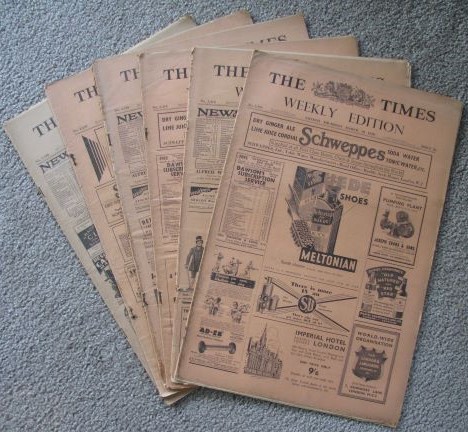 [Lot of 6 Issues] The [London] Times Weekly Edition: March 10, 1938 / August 4, 1938 / August 25, 1938 / September 1, 1938 / November 3, 1938 / and February 12, 1941