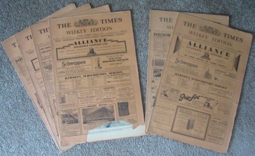 [Lot of 6 Issues] The [London] Times Weekly Edition: January 21, 1937 / January 28, 1937 / February 11, 1937 / April 22, 1937 / October 28, 1937 / and November 4, 1937