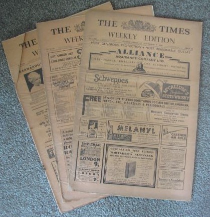 [Lot of 3 Issues] The [London] Times Weekly Edition: October 15, 1936 / October 22, 1936 / and November 5, 1936
