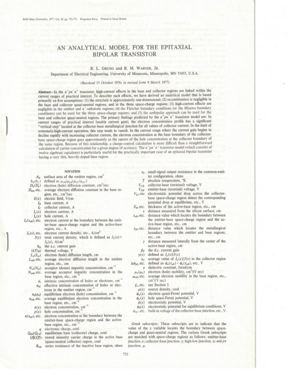 An Analytical Model for the Epitaxial Bipolar Transistor [Solid State Electronics, 1977, Vol. 20, pp 753-771]