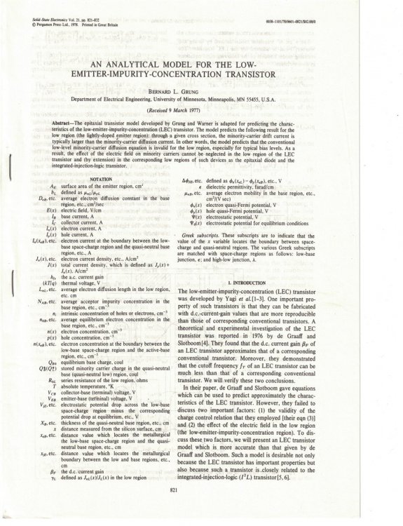 An Analytical Model for the Low-Emitter-Impurity-Concentration Transistor [Solid State Electronics, Vol. 21, pp 821-832]