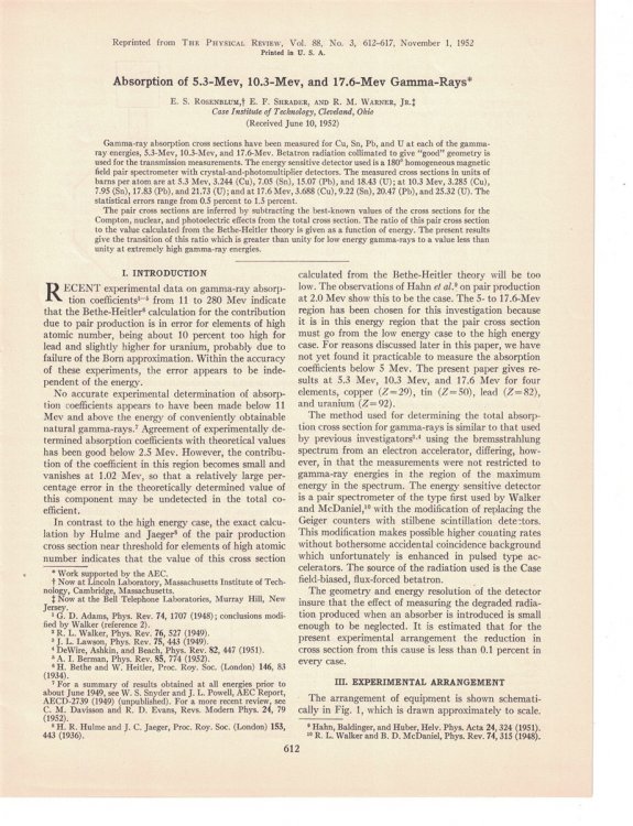 Absorption of 5.3-Mev, 10.3-Mev, and 17.6-Mev Gamma-Rays [The Physical Review, Vol. 88, No. 3, pp 612-617, 1952]