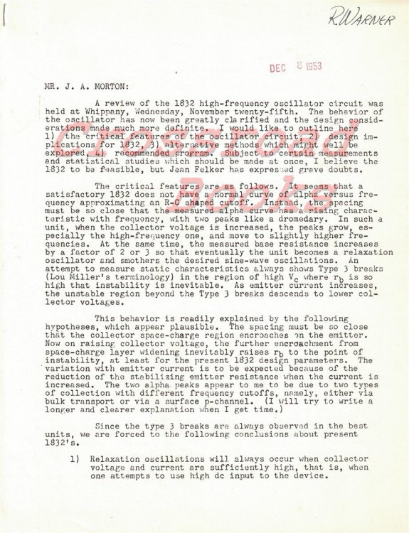 A Technical Memo concerning the development of a high-frequency oscillator circuit [issued December 8, 1953 - probably Bell Laboratories]