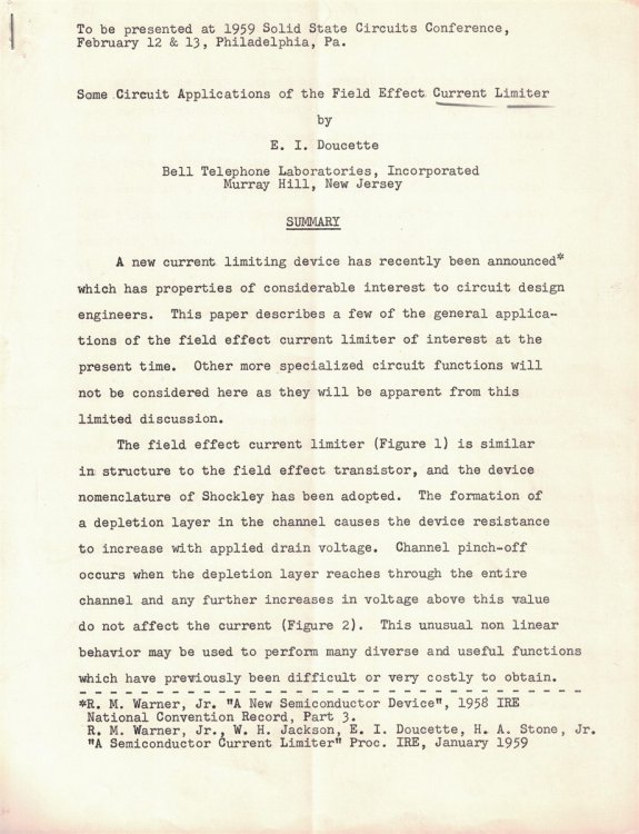 Some Circuit Applications of the Field Effect Current Limiter: To be presented at 1959 Solid State Circuits Conference, February 12 & 13, Philadelphia, Pa. [1959 Bell Telephone Laboratories document]