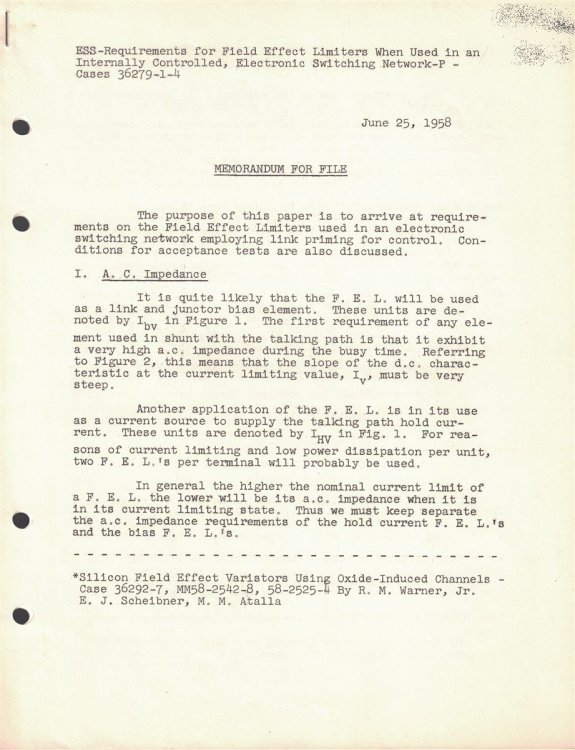 ESS-Requirements for Field Effect Limiters When Used in an Internally Controlled, Electronic Switching Network- P - Cases 36279-1-4: Memorandum for File [1958 Bell Telephone Laboratories document]