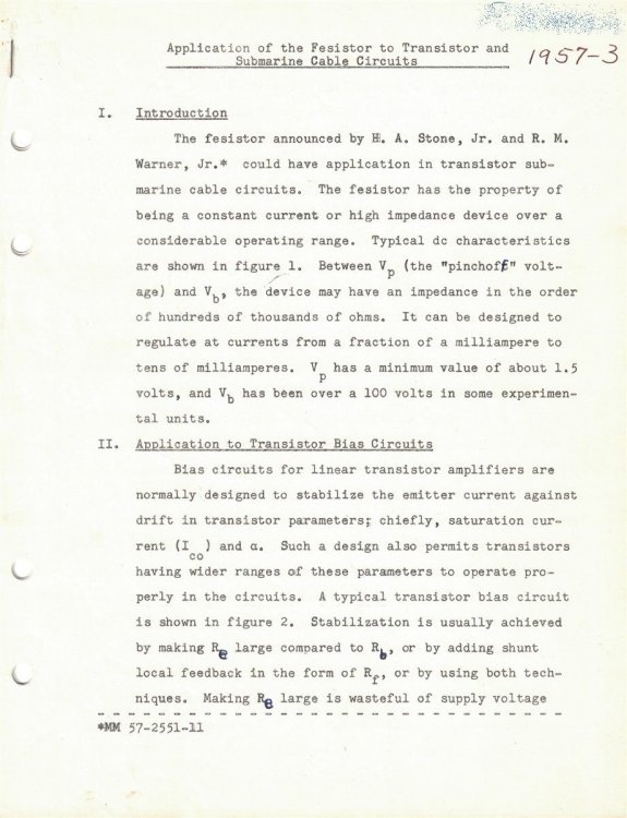 Application of the Fesistor to Transistor and Submarine Cable Circuits [ca1957 Bell Telephone Laboratories document]