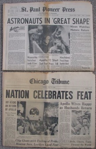 Two Apollo 11 related newspapers - both dated July 25, 1969. [1) St. Paul Pioneer Press; 2) Chicago Tribune]