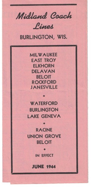 Midland Coach Lines, Burlington, Wis. [Bus Time Tables, 1944]