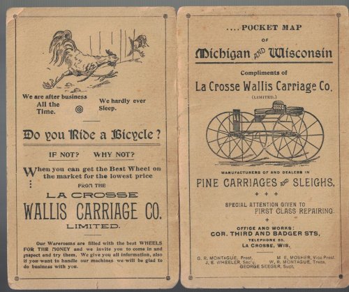 Pocket Map of Michigan and Wisconsin: Compliments of La Crosse Wallis Carriage Co. [La Crosse, Wisconsin]