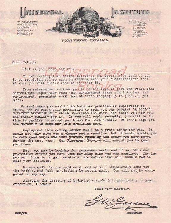 Universal Institute, Fort Wayne, Indiana advertising letter [business/secretarial school, circa 1920's]