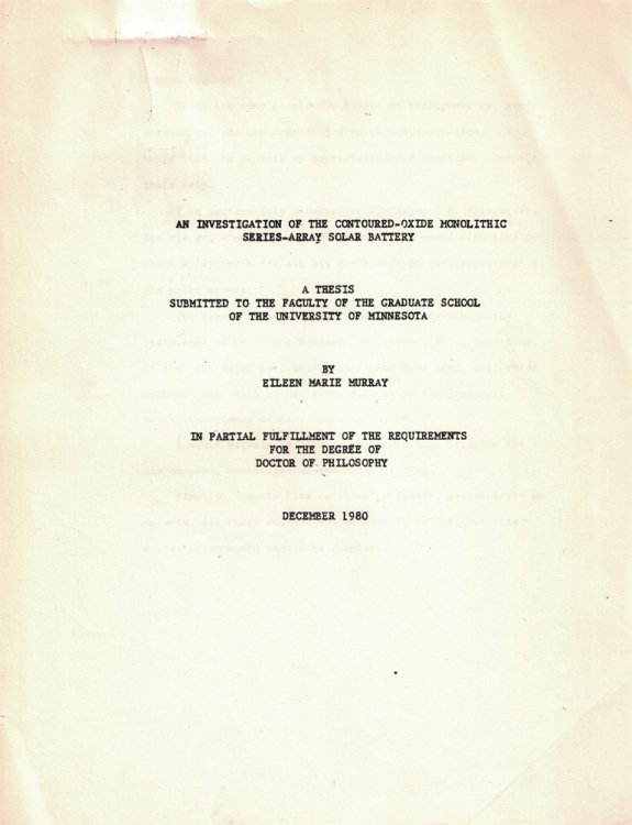 An Investigation of the Contoured-Oxide Monolithic Series-Array Solar Battery: A Thesis Submitted to the Faculty of the Graduate School of the University of Minnesota