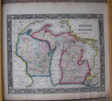 Vintage (1860) County Map of Michigan and Wisconsin map [Mitchell] [color]