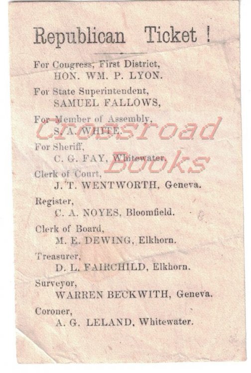 [Walworth County, Wisconsin]: Republican Ticket! [circa 1870 state election]