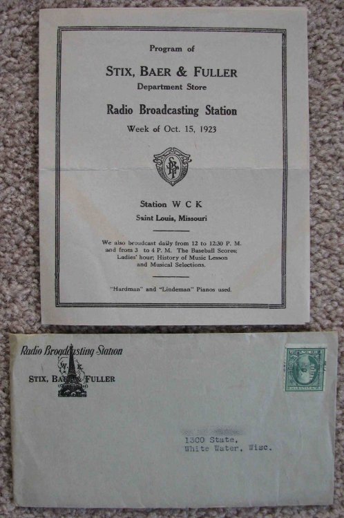 1923 Radio Station WCK Program Schedule [Stix, Baer & Fuller Department Store, Saint Loius, Missouri]