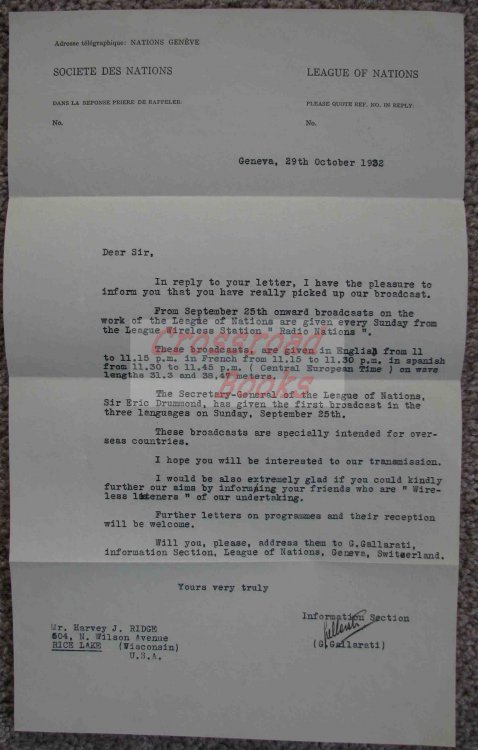 1932 League of Nations Radio Reception Letter