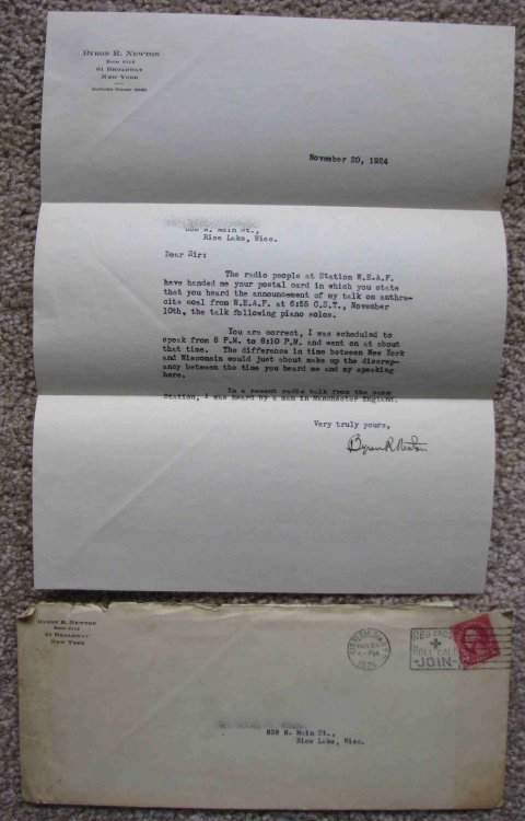 1924 WEAF Radio Reception Letter [Western Telegraph; AT&T; WNBC]
