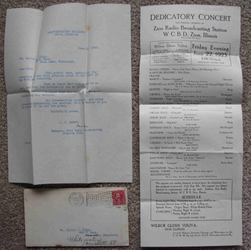 1923 WCBD Radio Reception Letter and Program Sheet [Zion, Illinois]