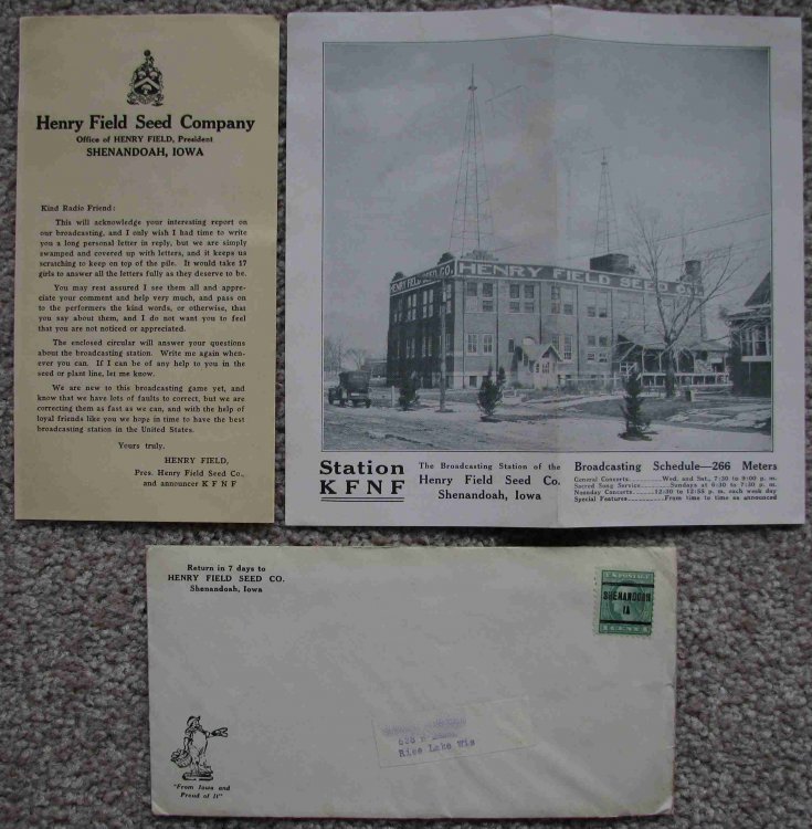 KFNF Radio Reception Card and Radio Station Pamphlet [The Henry Field Seed Company, Shenandoah, Iowa] [ca mid-1920's]