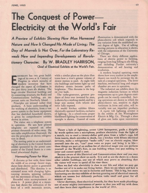 The Conquest of Power - Electricity at the World's Fair: A Preview of Exhibits Showing How Man Harnessed Nature. [excerpt - brochure] [acquired at the 1933 Chicago World's Fair] [ephemera]