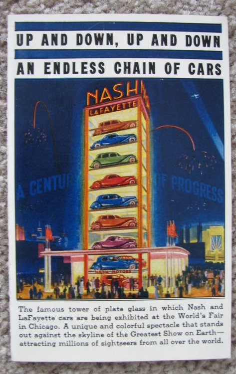 Nash / LaFayette 'Endless Chain of Cars' folding postcard [acquired at the 1933-34 Chicago World's Fair]