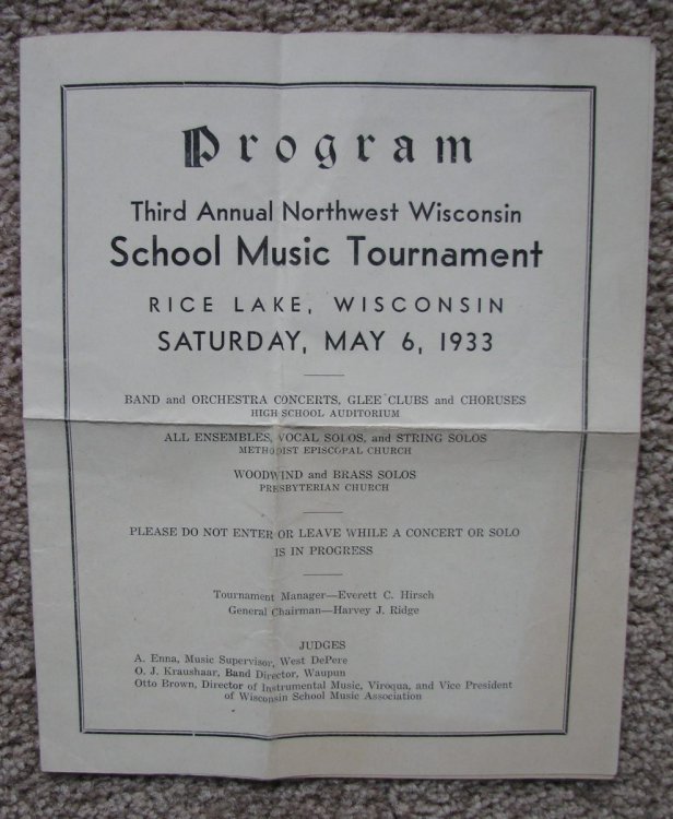 Third Annual Northwest Wisconsin School Music Tournament: Rice Lake, Wisconsin, Saturday, MAy 6, 1933 Program [ephemera]