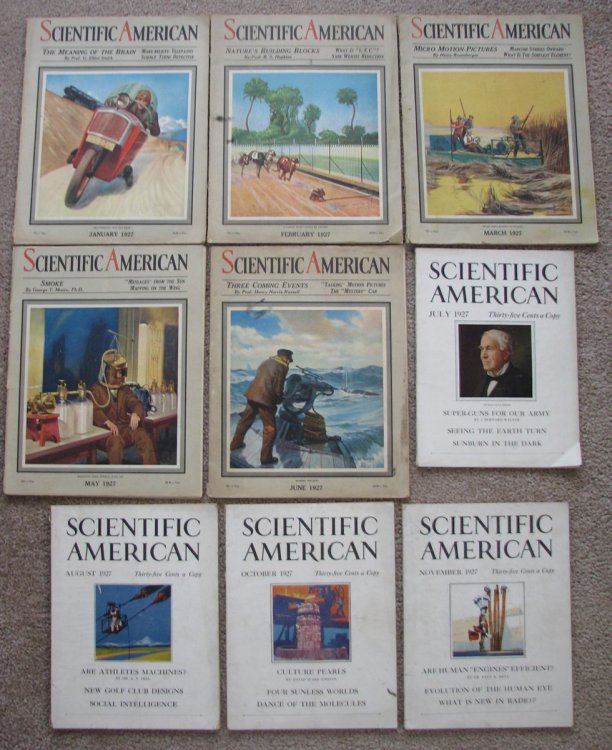[Nine Issues] 1927 Scientific American magazine [includes Jan, Feb, Mar, May, Jun, July, Aug, Oct, Nov, 1927]