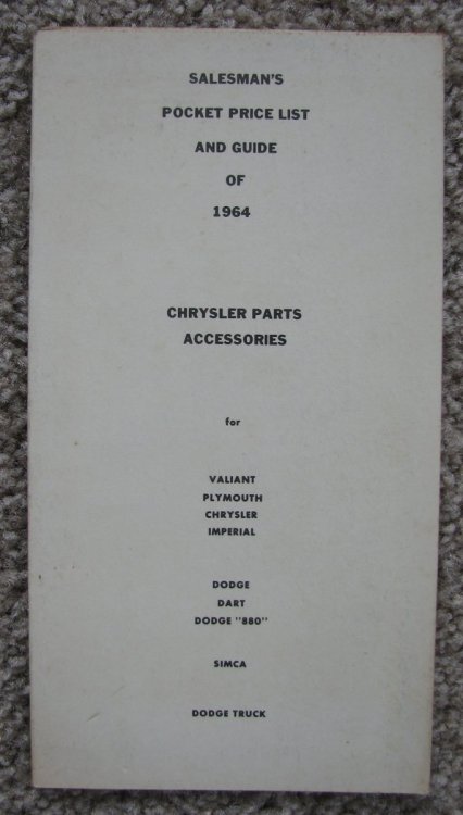 Salesman's Pocket Price List and Guide of 1964, Chrysler Parts Accessories: Valiant, Plymouth, Chrysler, Imperial, Dodge, Dart, Dodge 