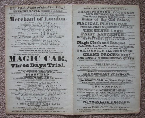 Theatre Royal, Drury Lane - Playbill / Broadside [Merchant of London, Magic Car, etc.]