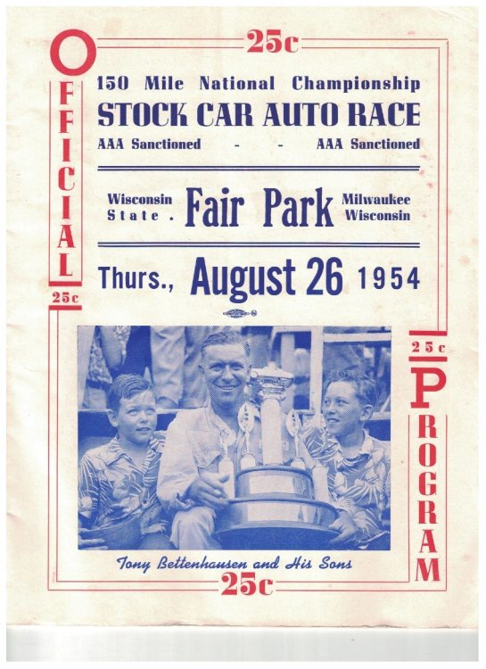 Official Program, 150 Mile National Championship Stock Car Auto Race; Wisconsin State Fair Park Milwaukee Wisconsin, August 26, 1954 [Milwaukee Mile]
