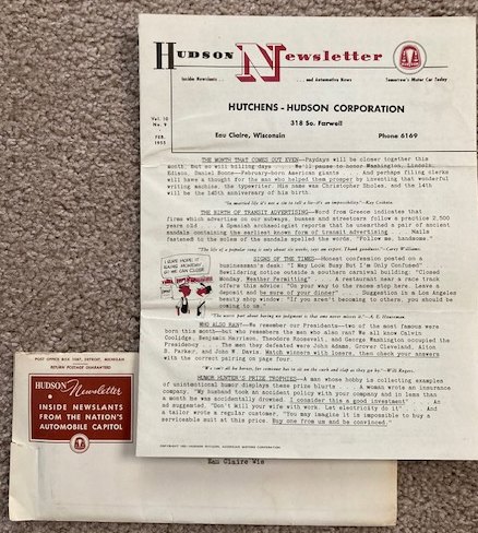 Hudson Newsletter, Vol. 10, No. 9, Feb. 1955 [Hudson Automobile]