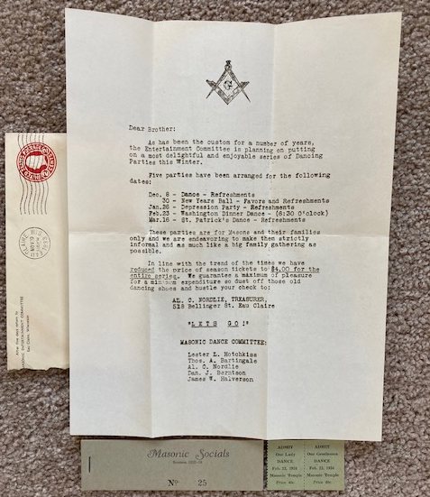 Masonic Entertainment Committee letter and tickets [Eau Claire, WI] [Postmarked Nov 29, 1933]