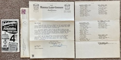 Mantle Lamp Company letter and brochure [Aladdin Lamps] [Wisconsin] [Postmarked Jul 19, 1934]